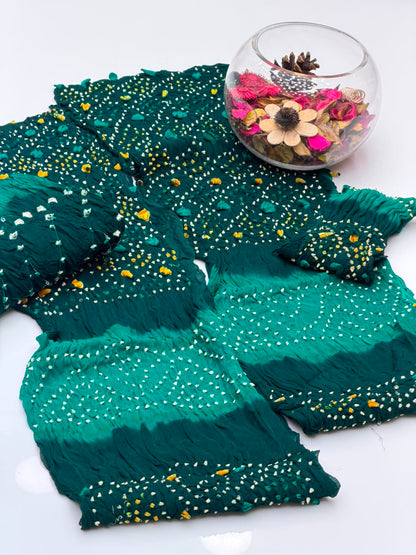Handmade Rajasthani Chunri Chiffon Shirt & Dupatta with Linen Chunri Trouser | 4-Piece Suit
