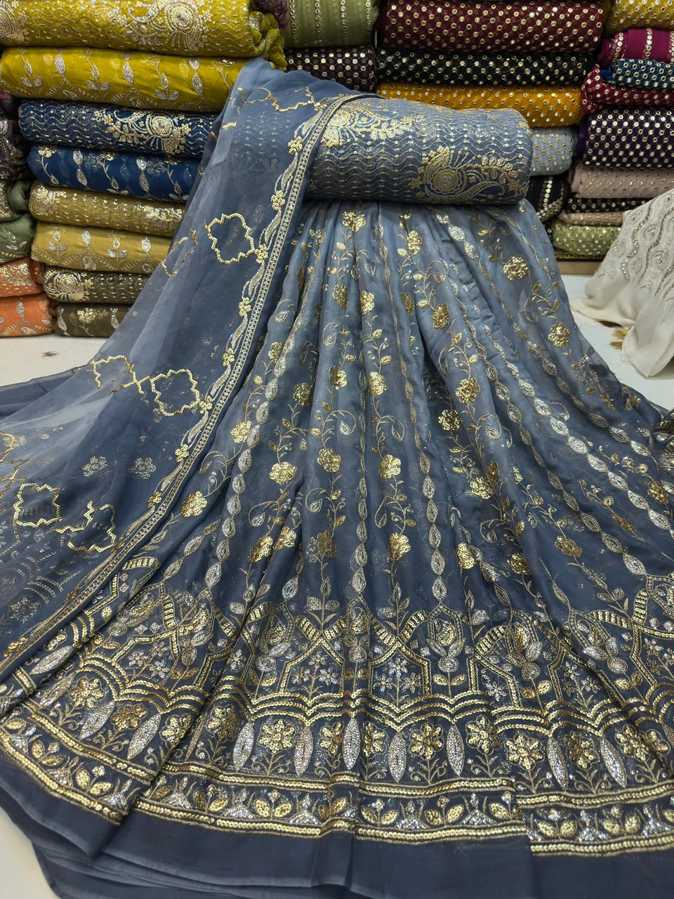 Tie & Dye Chiffon Lehenga Set with Katori Sequence Work & Heavy Choli | 3-Piece Unstitched