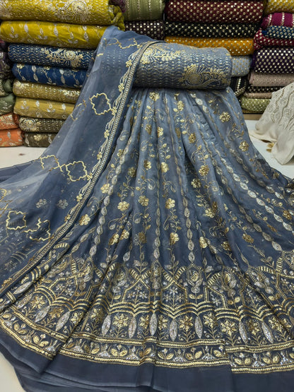 Tie & Dye Chiffon Lehenga Set with Katori Sequence Work & Heavy Choli | 3-Piece Unstitched