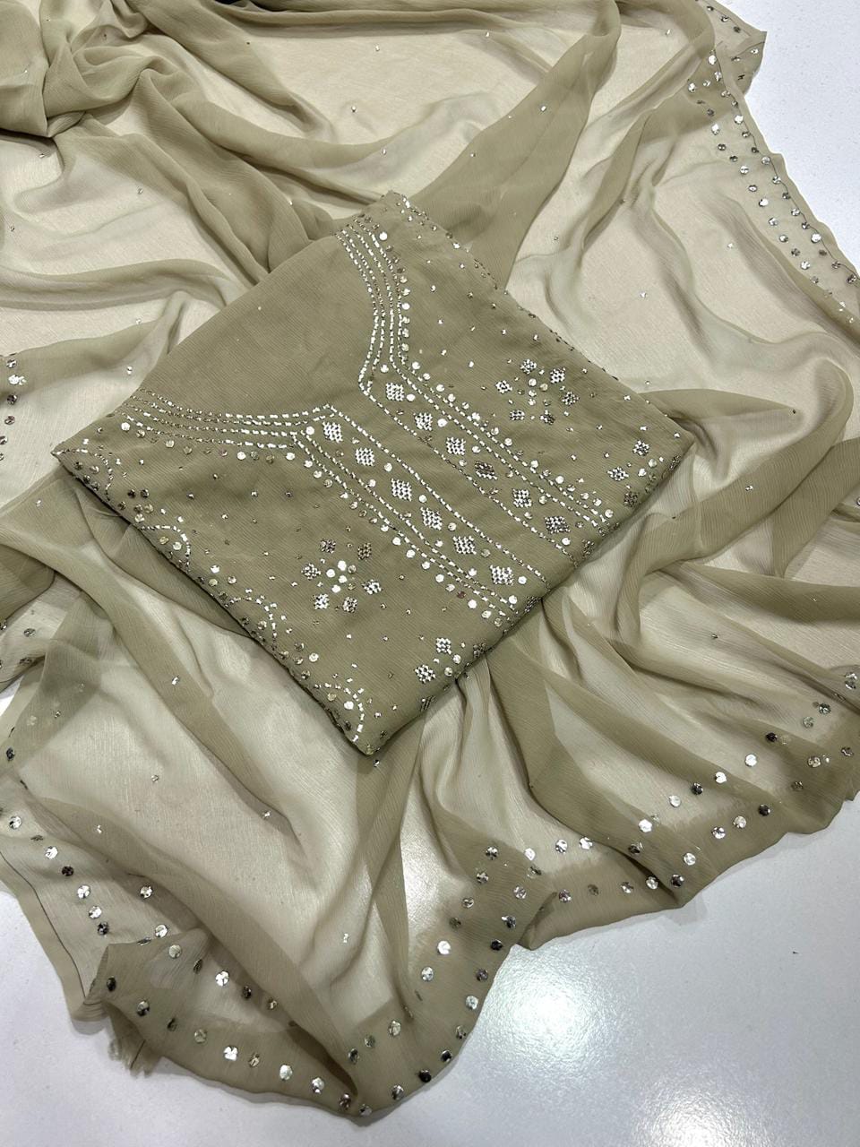 Pure Chiffon Handcrafted Mukesh & Kamdani Jaal Work Shirt with Four-Side Border Dupatta