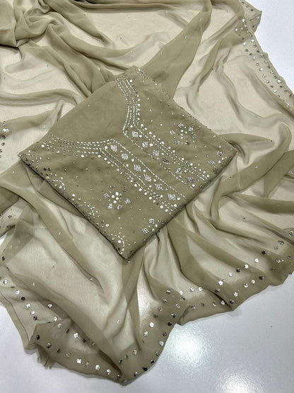 Pure Chiffon Handcrafted Mukesh & Kamdani Jaal Work Shirt with Four-Side Border Dupatta