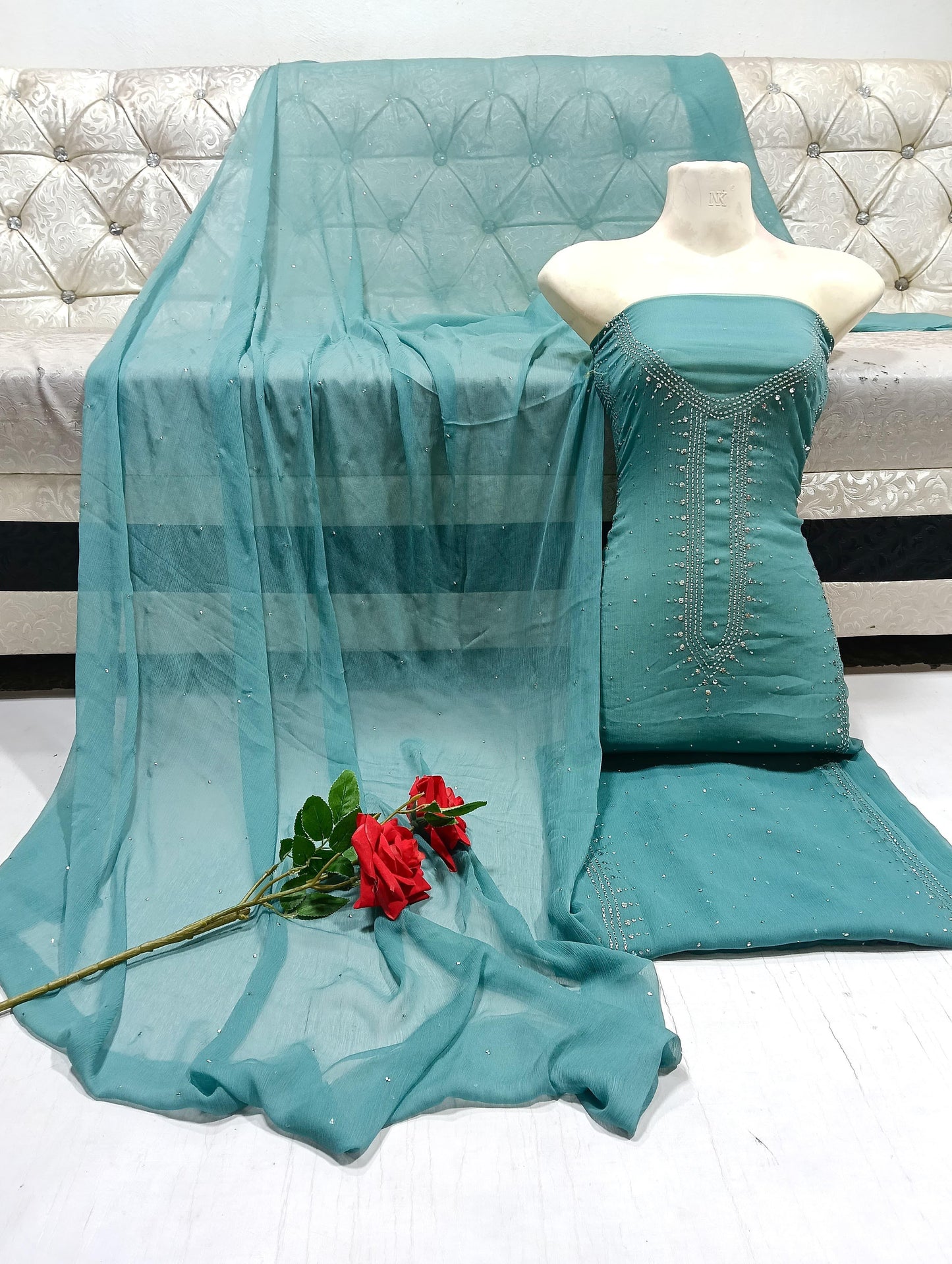 Handmade Mukesh Work Soft Bamber Chiffon Shirt & Dupatta Set | New Arrival