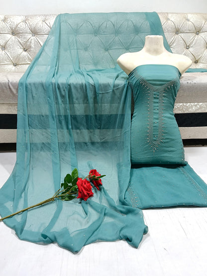 Handmade Mukesh Work Soft Bamber Chiffon Shirt & Dupatta Set | New Arrival