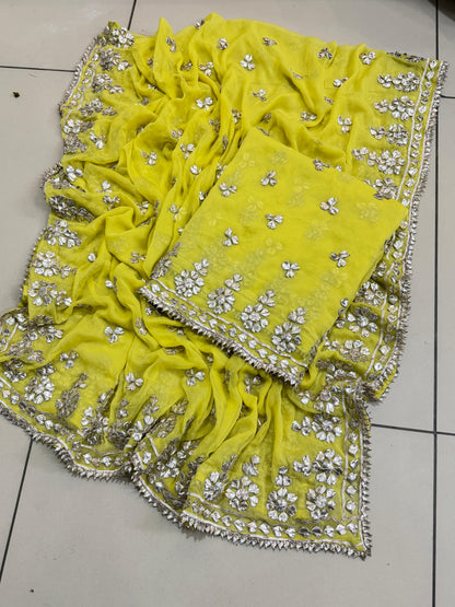 Handmade LCD Gotta Work Soft Bamber Chiffon Shirt & Dupatta | Dual-Sided Embroidery