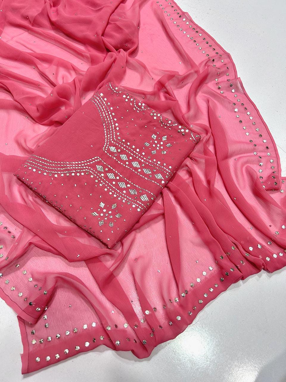 Pure Chiffon Handcrafted Mukesh & Kamdani Jaal Work Shirt with Four-Side Border Dupatta