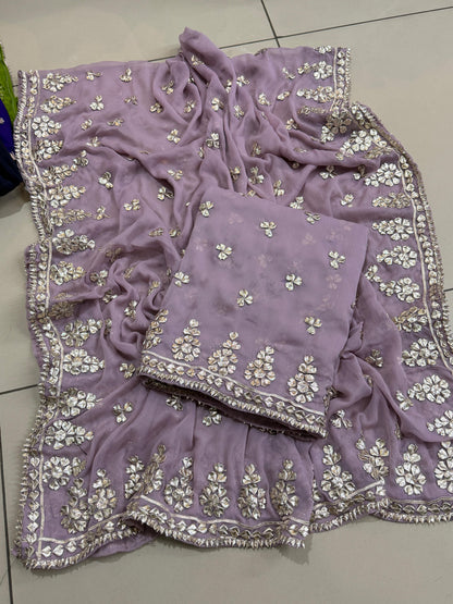 Handmade LCD Gotta Work Soft Bamber Chiffon Shirt & Dupatta | Dual-Sided Embroidery