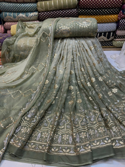Tie & Dye Chiffon Lehenga Set with Katori Sequence Work & Heavy Choli | 3-Piece Unstitched