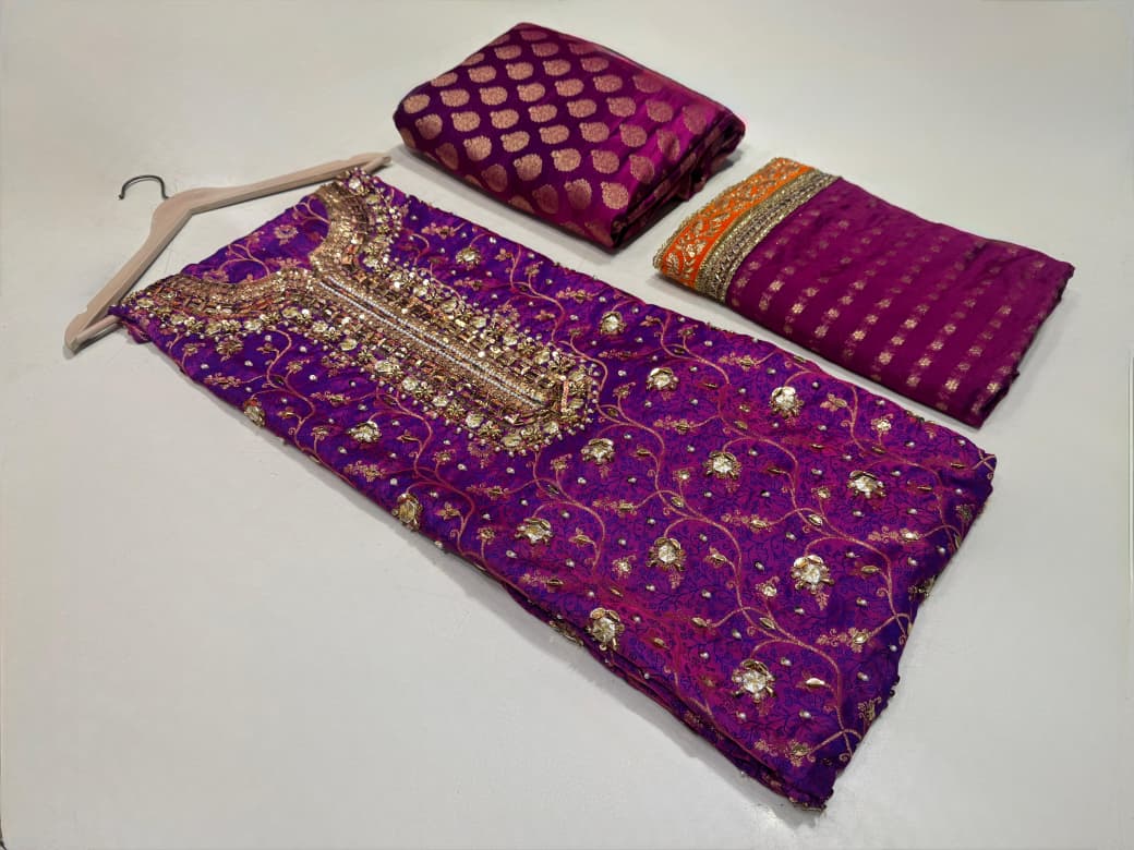Latest Jamawar 3-Piece Suit with Hand Embroidery | Unstitched