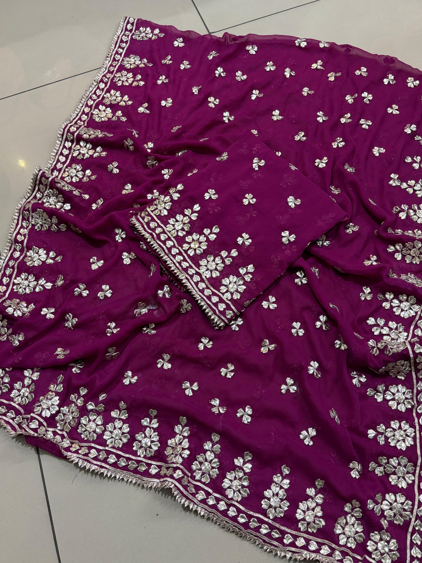 Handmade LCD Gotta Work Soft Bamber Chiffon Shirt & Dupatta | Dual-Sided Embroidery