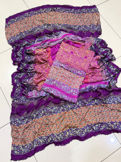 Pure Shamoz Silk Block Print & Chunri Print Wedding Wear Suit | 3-Yards Shirt & Dupatta