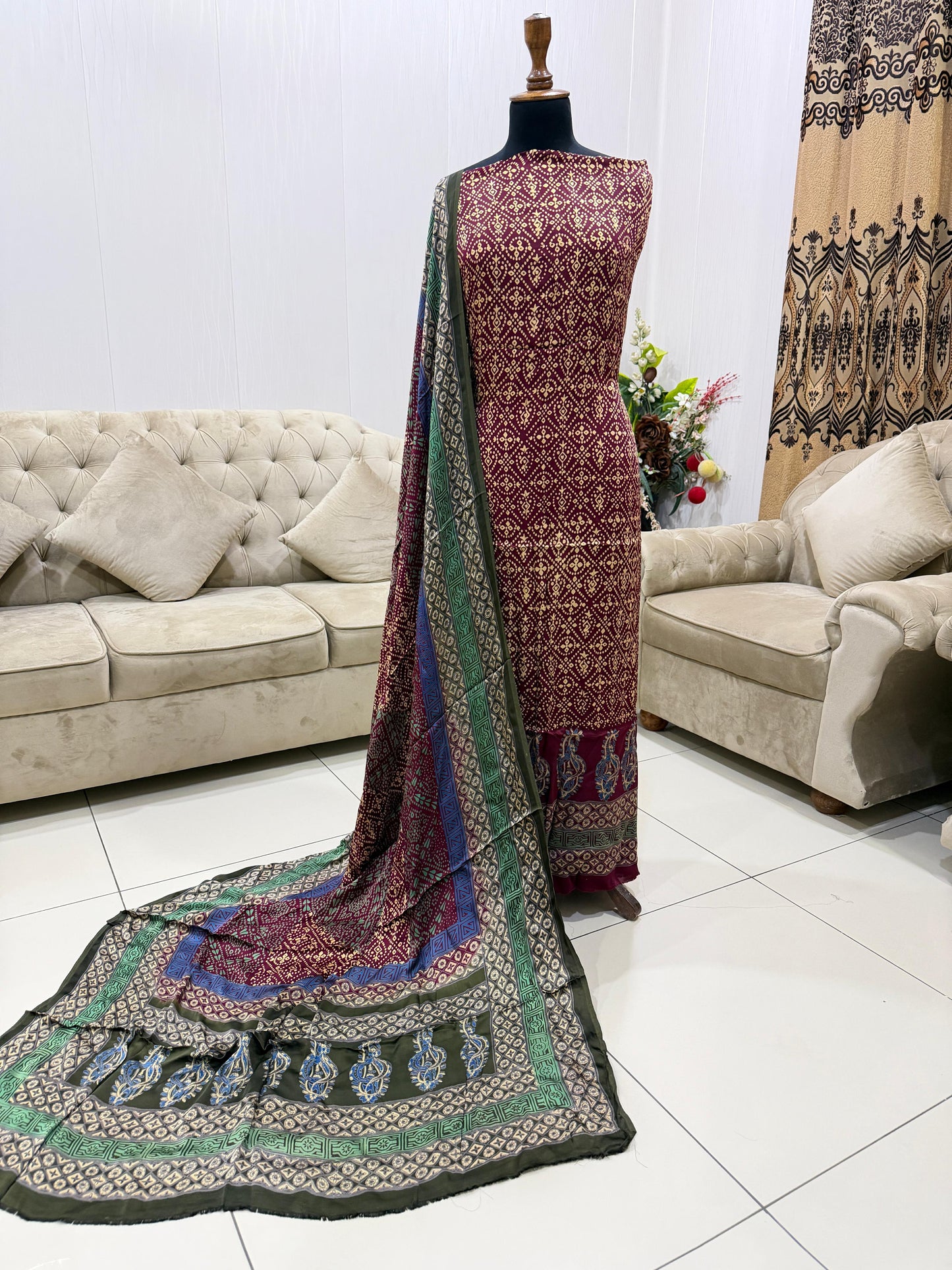 Pure Shamoz Silk Block Print & Chunri Print Wedding Wear Suit | 3-Yards Shirt & Dupatta