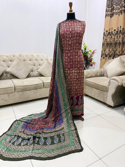 Pure Shamoz Silk Block Print & Chunri Print Wedding Wear Suit | 3-Yards Shirt & Dupatta