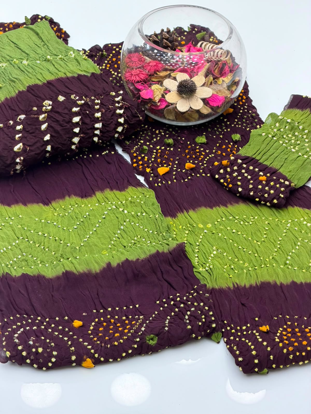 Handmade Rajasthani Chunri Chiffon Shirt & Dupatta with Linen Chunri Trouser | 4-Piece Suit