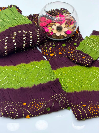 Handmade Rajasthani Chunri Chiffon Shirt & Dupatta with Linen Chunri Trouser | 4-Piece Suit