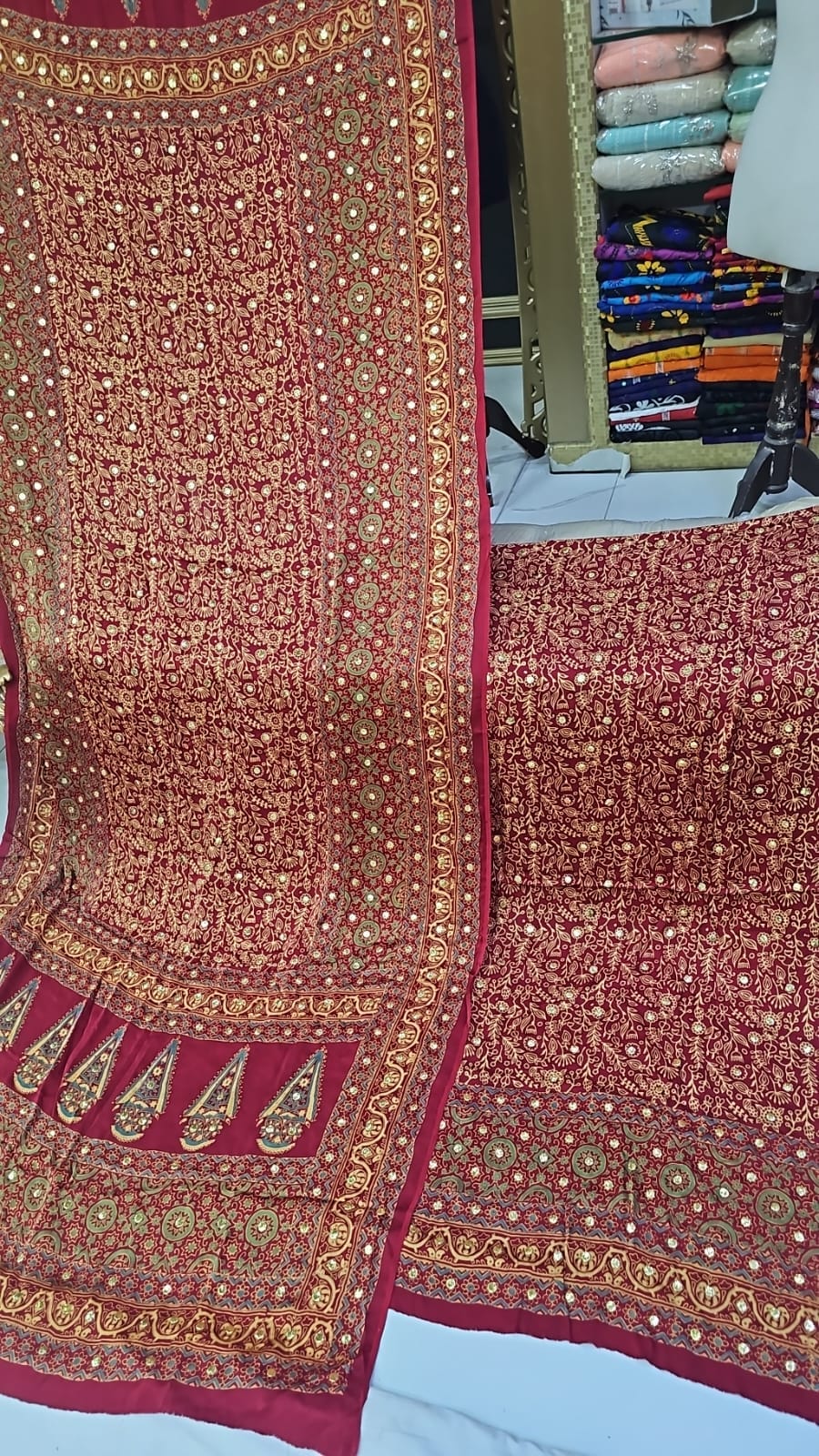 Handmade Ajrak & Kamdani Mukesh Work Traditional 3-Piece Festive Dress | New Arrival