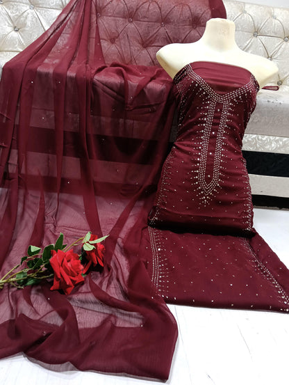 Handmade Mukesh Work Soft Bamber Chiffon Shirt & Dupatta Set | New Arrival