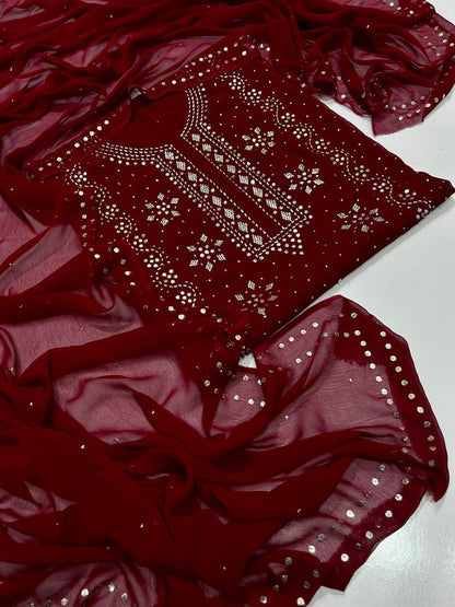 Pure Chiffon Handcrafted Mukesh & Kamdani Jaal Work Shirt with Four-Side Border Dupatta