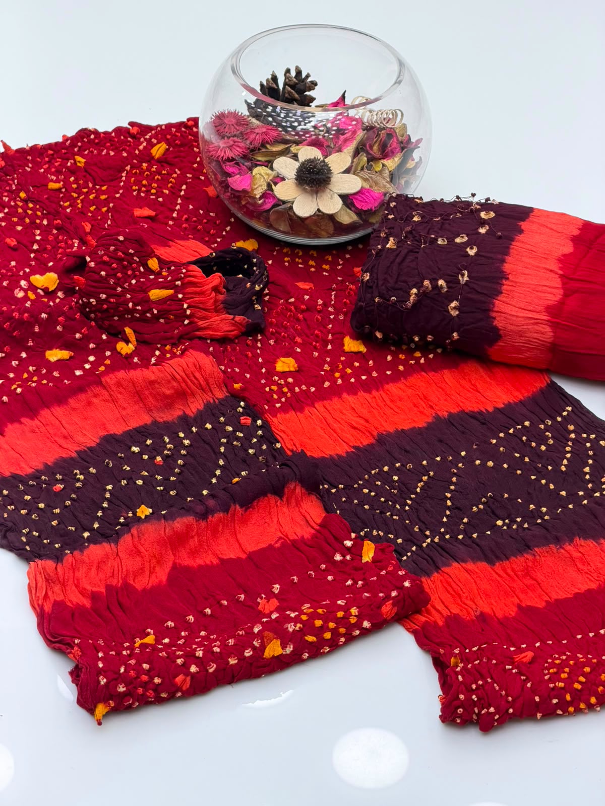 Handmade Rajasthani Chunri Chiffon Shirt & Dupatta with Linen Chunri Trouser | 4-Piece Suit