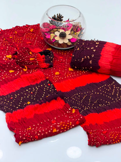 Handmade Rajasthani Chunri Chiffon Shirt & Dupatta with Linen Chunri Trouser | 4-Piece Suit