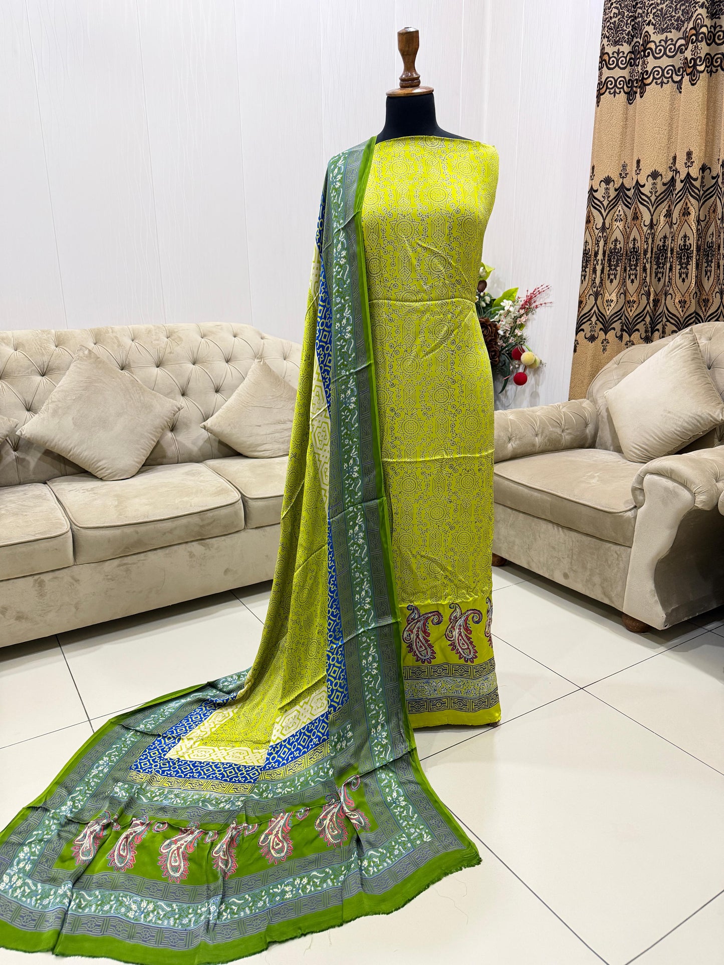 Pure Shamoz Silk Block Print & Chunri Print Wedding Wear Suit | 3-Yards Shirt & Dupatta