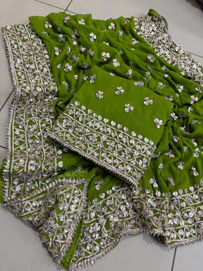 Handmade LCD Gotta Work Soft Bamber Chiffon Shirt & Dupatta | Dual-Sided Embroidery
