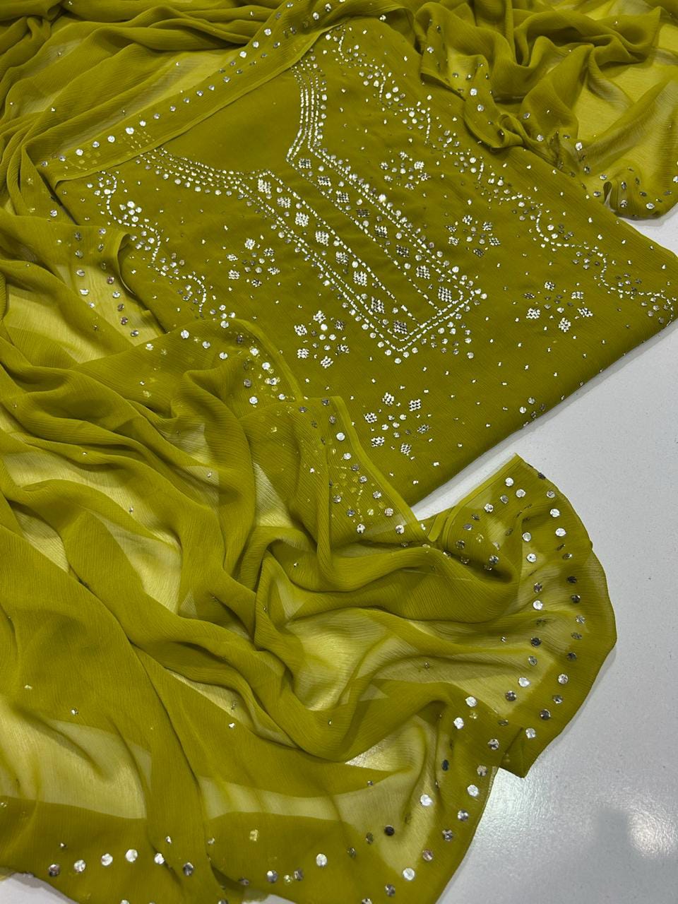 Pure Chiffon Handcrafted Mukesh & Kamdani Jaal Work Shirt with Four-Side Border Dupatta