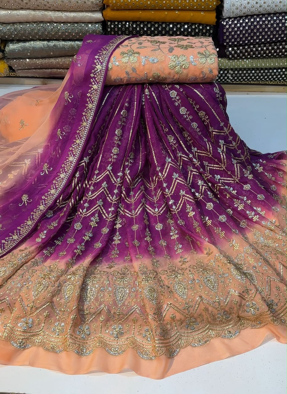 Tie & Dye Chiffon Lehenga Set with Katori Sequence Work & Heavy Choli | 3-Piece Unstitched
