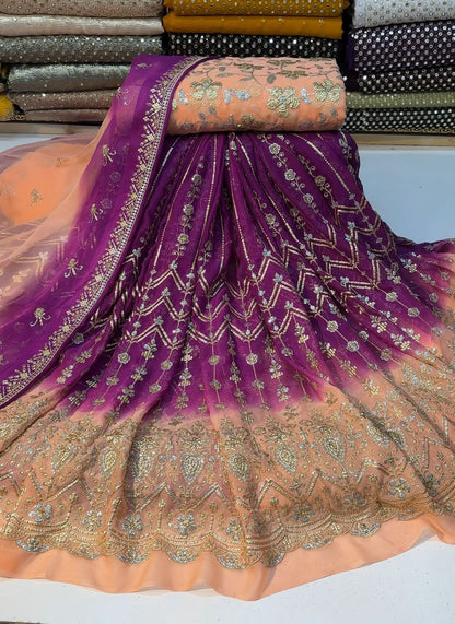 Tie & Dye Chiffon Lehenga Set with Katori Sequence Work & Heavy Choli | 3-Piece Unstitched