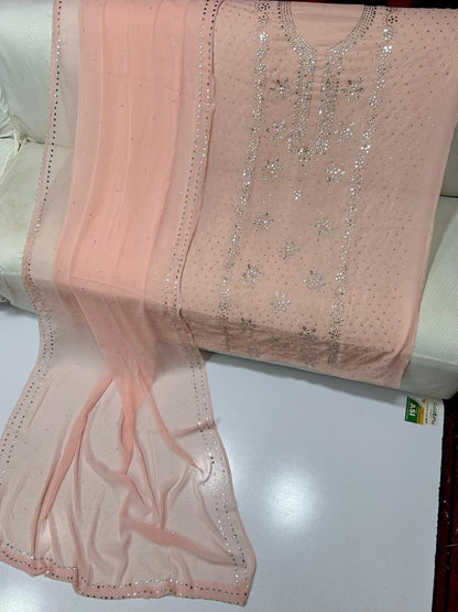 Pure Chiffon Handcrafted Mukesh & Kamdani Jaal Work Shirt with Four-Side Border Dupatta