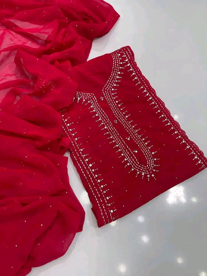 Handmade Mukesh Work Soft Bamber Chiffon Shirt & Dupatta Set | New Arrival