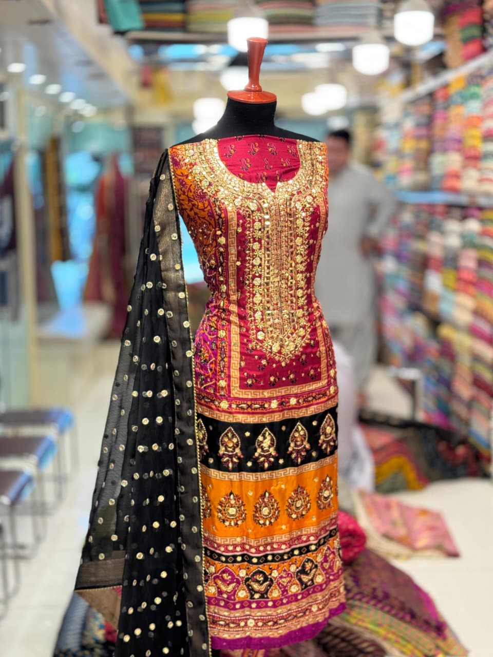 Heavy Embroidered Pure Silk Shirt with Gotta, Mirror & Sequence Work | 3-Piece Unstitched Suit