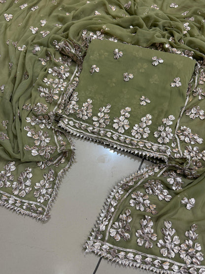 Handmade LCD Gotta Work Soft Bamber Chiffon Shirt & Dupatta | Dual-Sided Embroidery