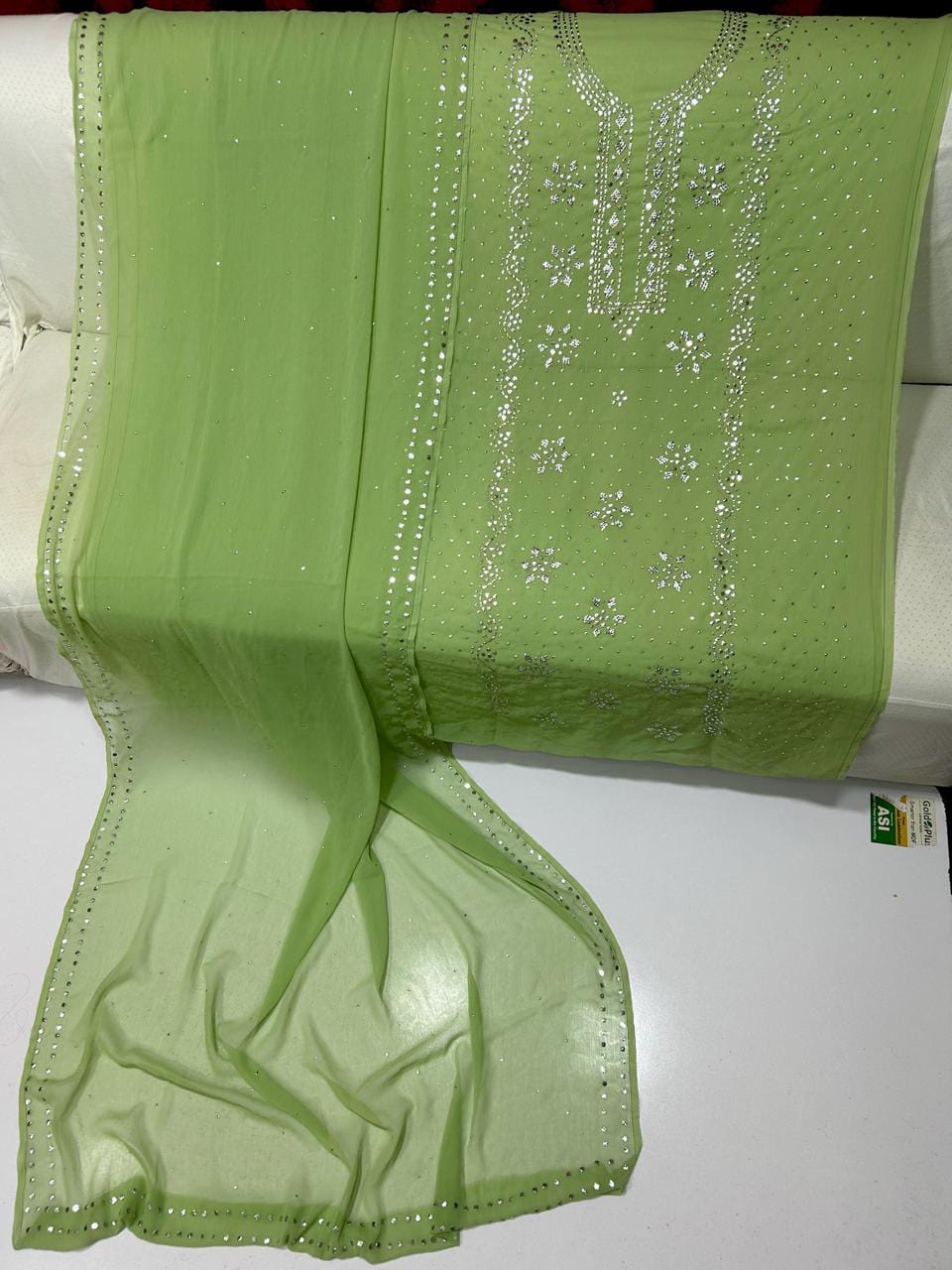 Pure Chiffon Handcrafted Mukesh & Kamdani Jaal Work Shirt with Four-Side Border Dupatta