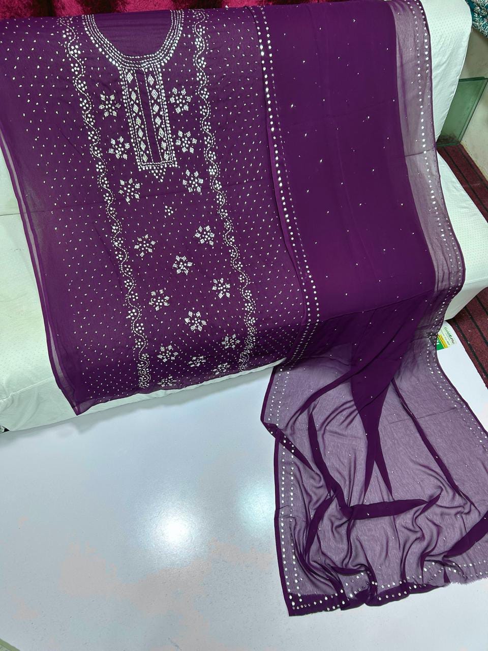 Pure Chiffon Handcrafted Mukesh & Kamdani Jaal Work Shirt with Four-Side Border Dupatta