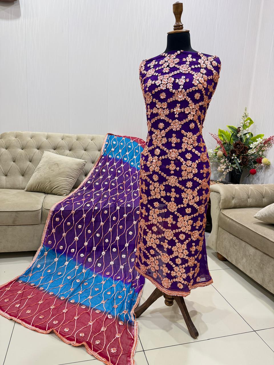 Handcrafted Pure Chiffon Gotta Work 2-Piece Suit | Heavy Jaal Shirt & Dupatta