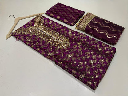 Latest Jamawar 3-Piece Suit with Hand Embroidery | Unstitched