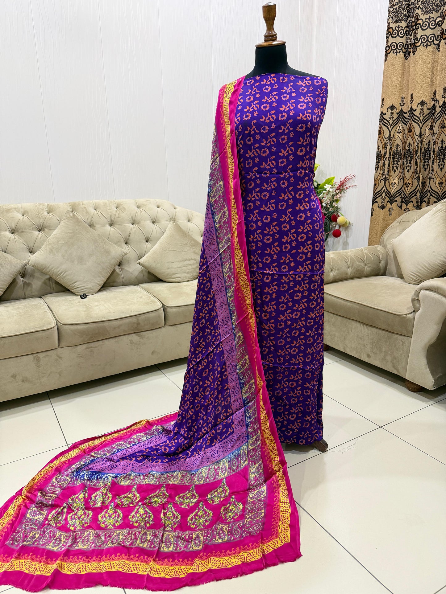 Pure Shamoz Silk Block Print & Chunri Print Wedding Wear Suit | 3-Yards Shirt & Dupatta
