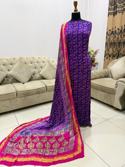 Pure Shamoz Silk Block Print & Chunri Print Wedding Wear Suit | 3-Yards Shirt & Dupatta