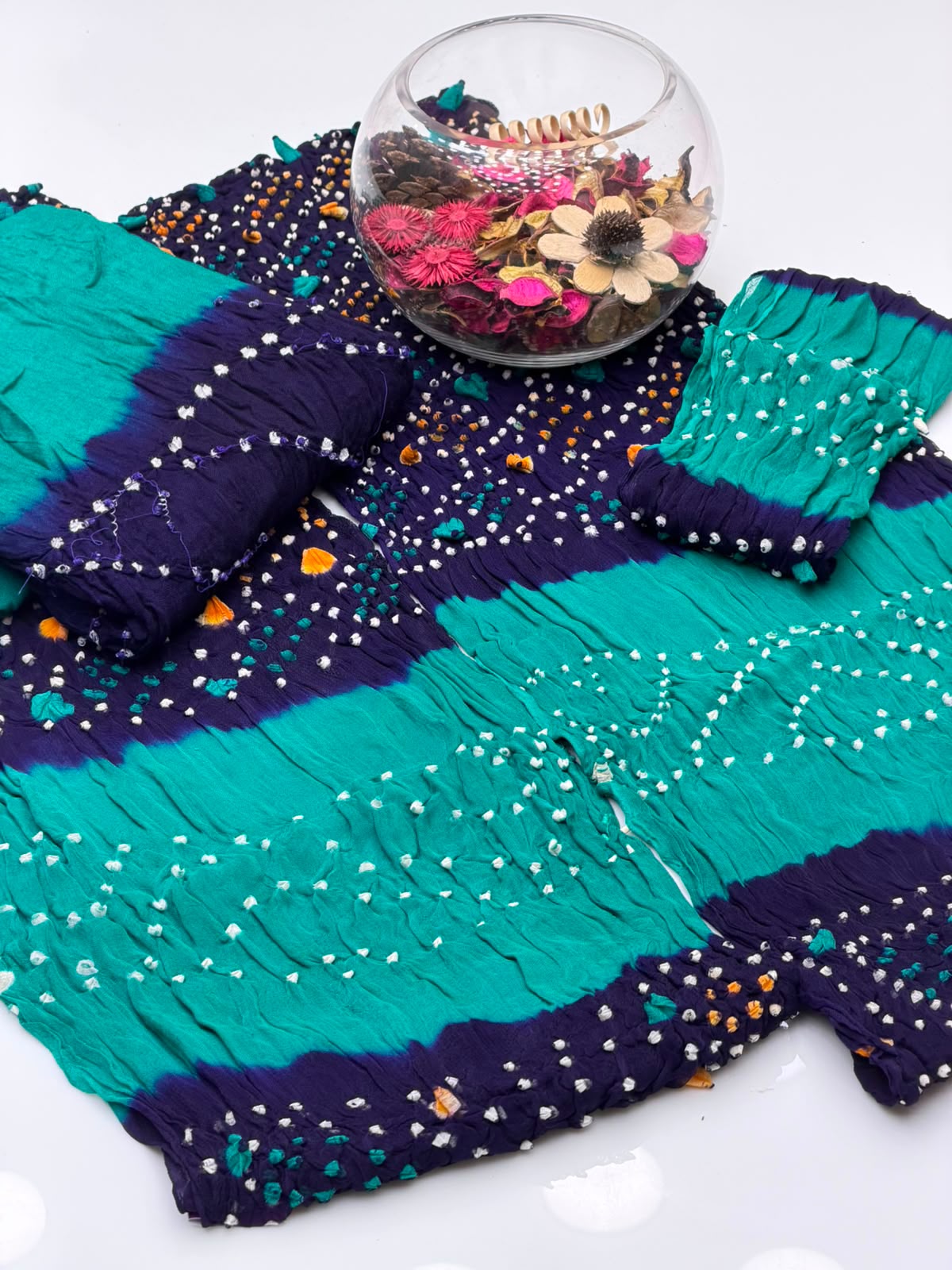 Handmade Rajasthani Chunri Chiffon Shirt & Dupatta with Linen Chunri Trouser | 4-Piece Suit