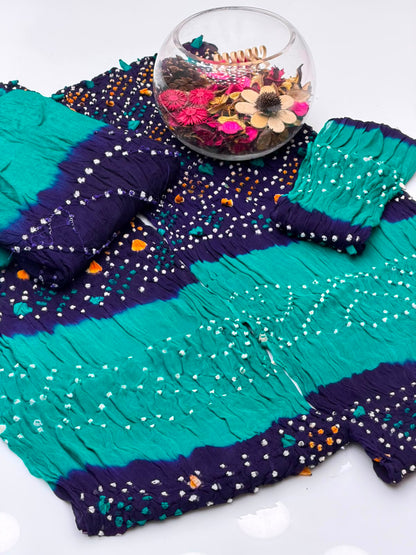 Handmade Rajasthani Chunri Chiffon Shirt & Dupatta with Linen Chunri Trouser | 4-Piece Suit