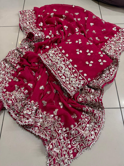 Handmade LCD Gotta Work Soft Bamber Chiffon Shirt & Dupatta | Dual-Sided Embroidery