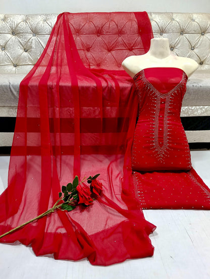 Handmade Mukesh Work Soft Bamber Chiffon Shirt & Dupatta Set | New Arrival