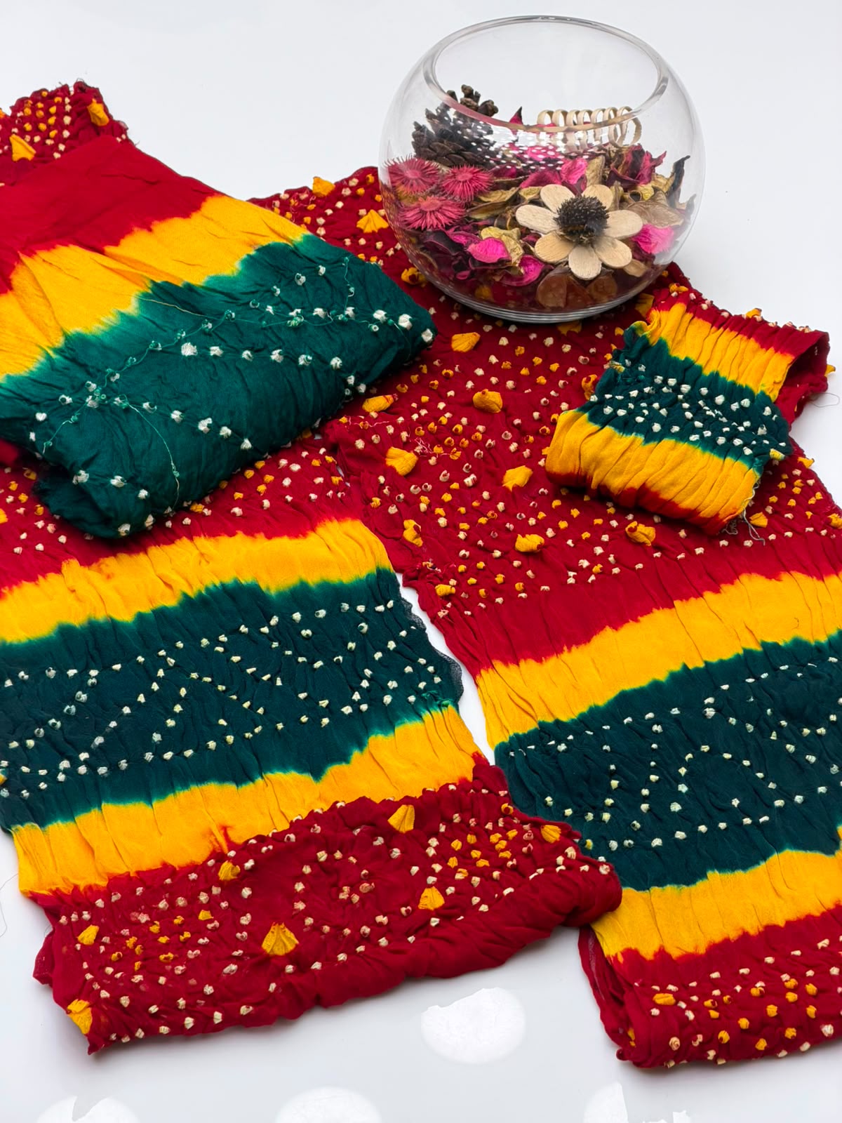 Handmade Rajasthani Chunri Chiffon Shirt & Dupatta with Linen Chunri Trouser | 4-Piece Suit