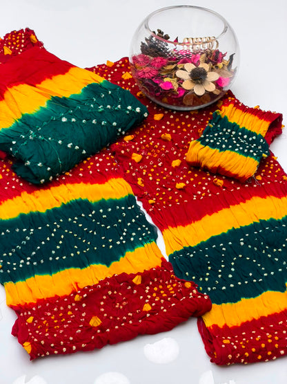 Handmade Rajasthani Chunri Chiffon Shirt & Dupatta with Linen Chunri Trouser | 4-Piece Suit