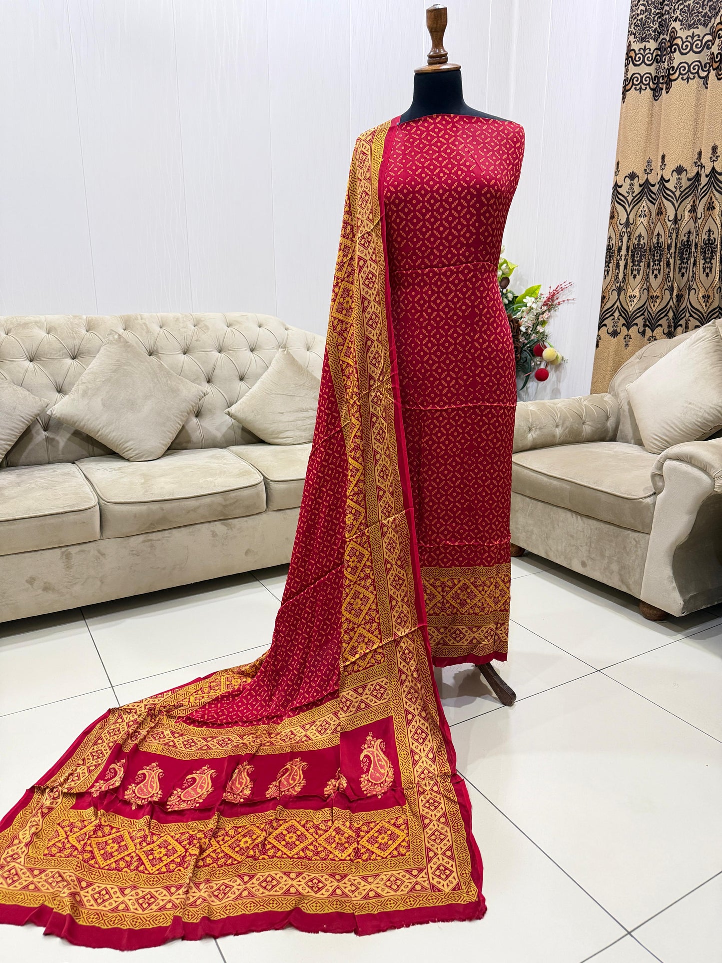 Pure Shamoz Silk Block Print & Chunri Print Wedding Wear Suit | 3-Yards Shirt & Dupatta