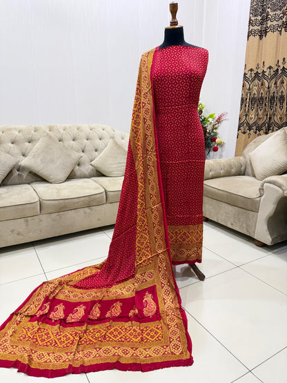 Pure Shamoz Silk Block Print & Chunri Print Wedding Wear Suit | 3-Yards Shirt & Dupatta