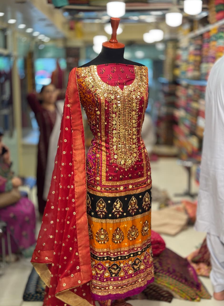 Heavy Embroidered Pure Silk Shirt with Gotta, Mirror & Sequence Work | 3-Piece Unstitched Suit
