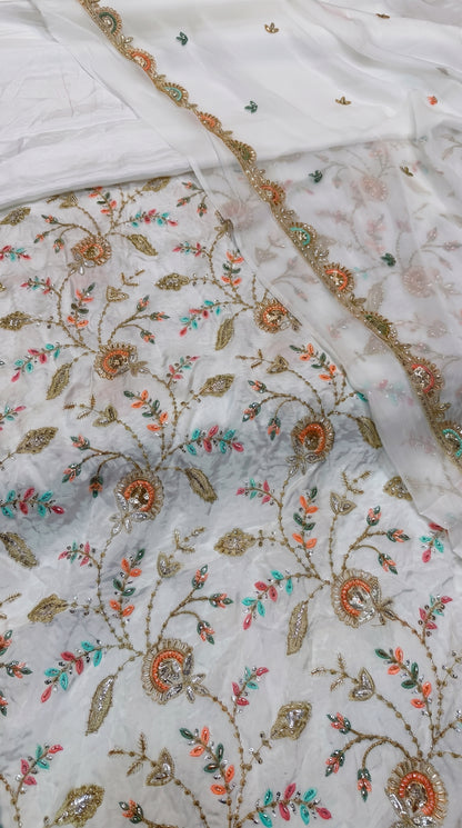 Dyeable Russian Silk Dress | Multicolor Cutdana Work & Medium Silk Dupatta