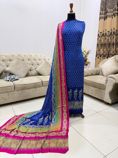 Pure Shamoz Silk Block Print & Chunri Print Wedding Wear Suit | 3-Yards Shirt & Dupatta