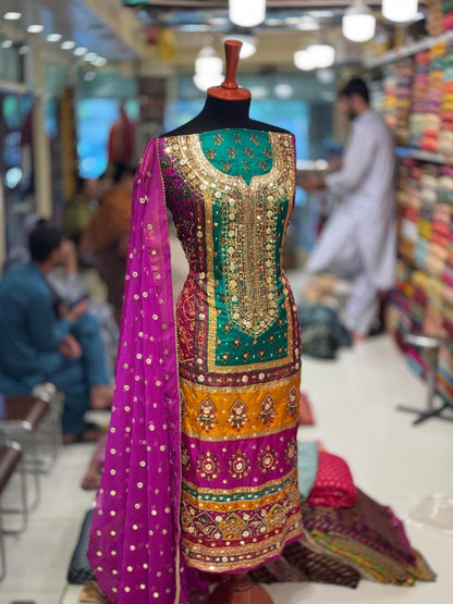 Heavy Embroidered Pure Silk Shirt with Gotta, Mirror & Sequence Work | 3-Piece Unstitched Suit